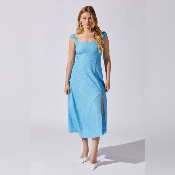 NEW ASTR The Label Crinkle Shoulder Midi Dress Blue Size XL - Picture 2 of 12